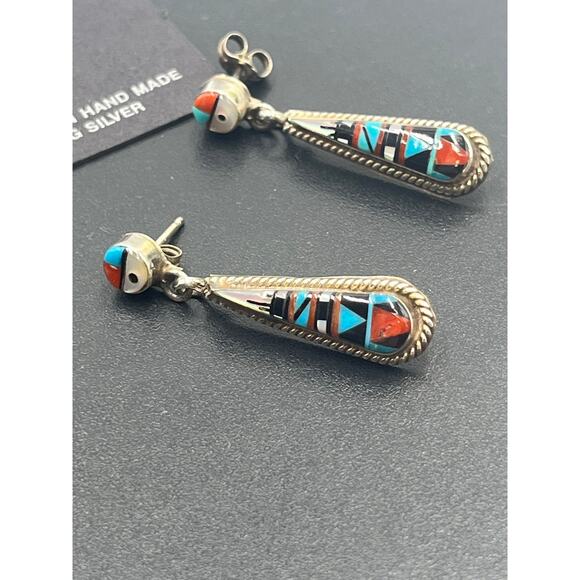Vintage Zuni Sterling  Multi-Stone Inlay Dangle Earrings Turquoise Coral New - Picture 2 of 10